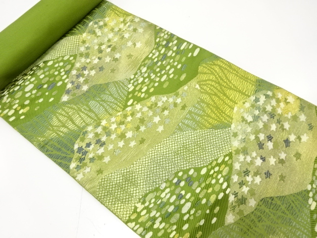 アンティーク　山並に草花模様織り出し　名古屋帯地反物